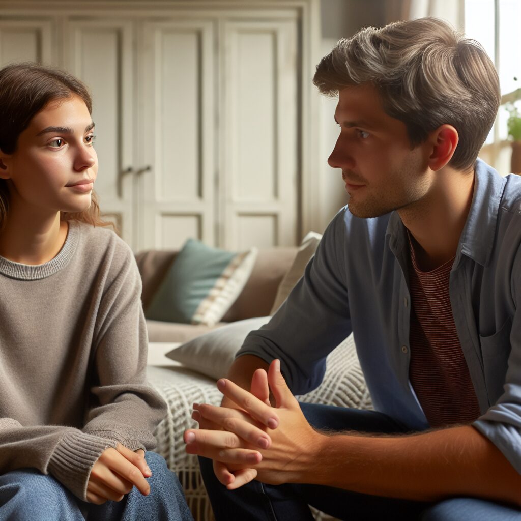 تدافعی بودن: چگونه واکنشهای تدافعی را مدیریت کنیم تصویری از دوتا فرد که با هم صحبت میکنند و با آرامش به یکدیگر نگاه میکنند، نشان دهنده چگونگی اجتناب از تدافعی بودن در مکالمه است.