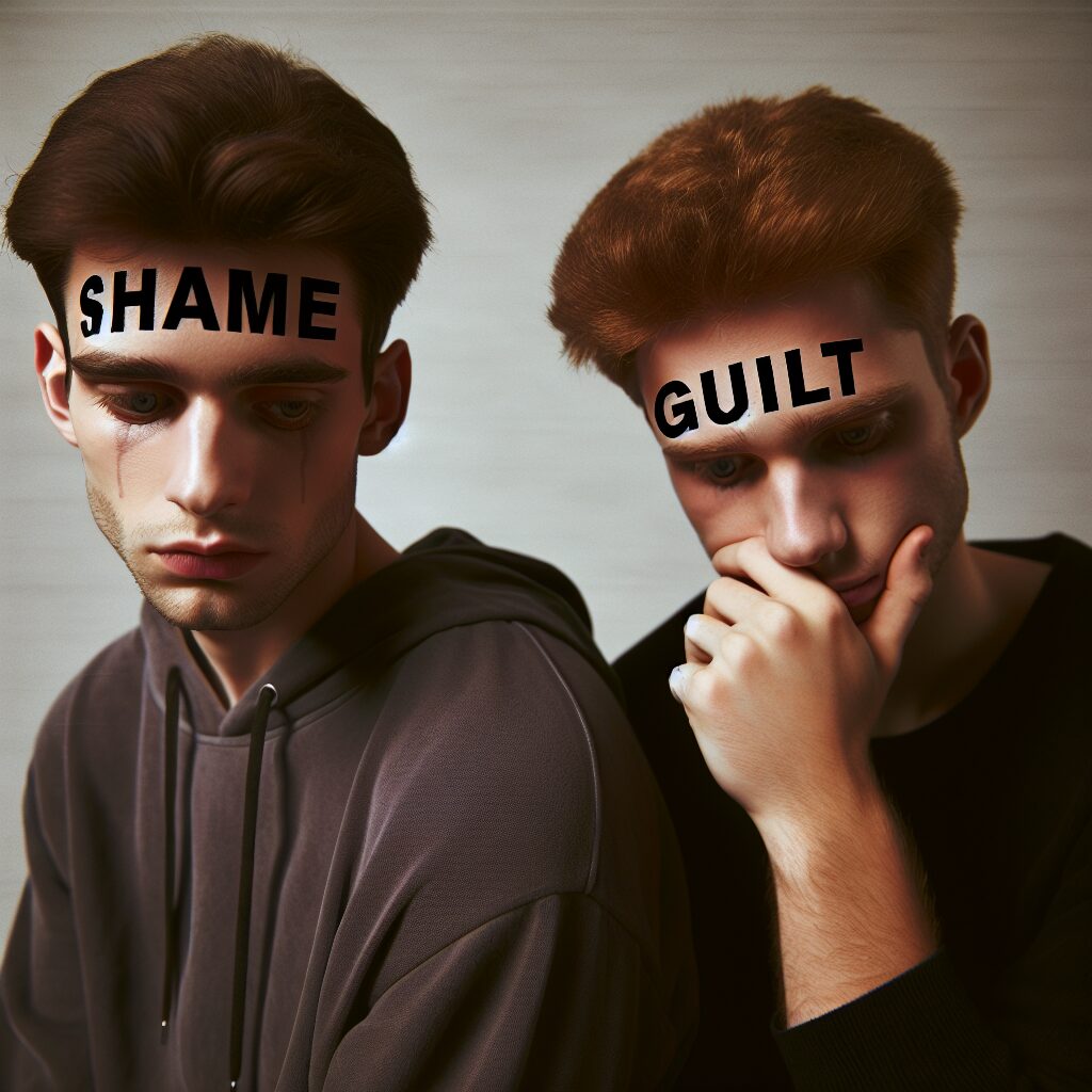 شرم چیست و چگونه بر ما تأثیر میگذارد؟ تصویری از دو جوان با عبارات 'شرم' و 'گناه' که هر کدام به طور جداگانه روی چهره خود دارند