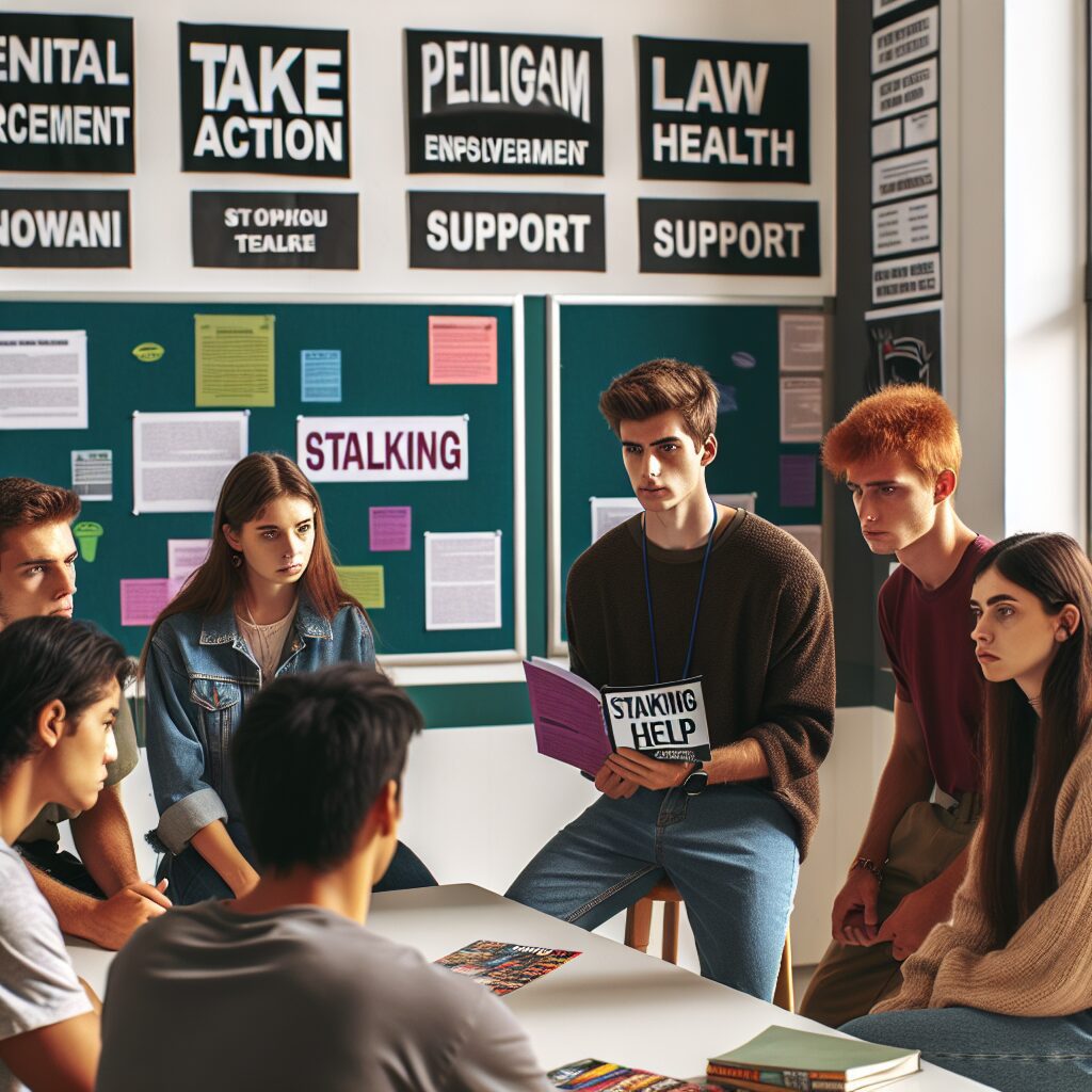 استاکر یا عاشق مزاحم: شناخت، مقابله و حفاظت تصویر از یک گروه از جوانان در حال بحث در مورد اهمیت اقدامات قانونی و حمایتهای بهداشت روانی در ارتباط با استالکر