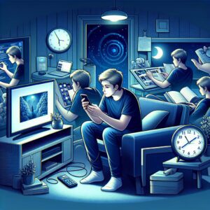 تصویری از فردی در محیط خانگی که به جای خوابیدنی، مشغول تماشای تلویزیون، مطالعه یا گشتوگذار در شبکههای اجتماعی است.