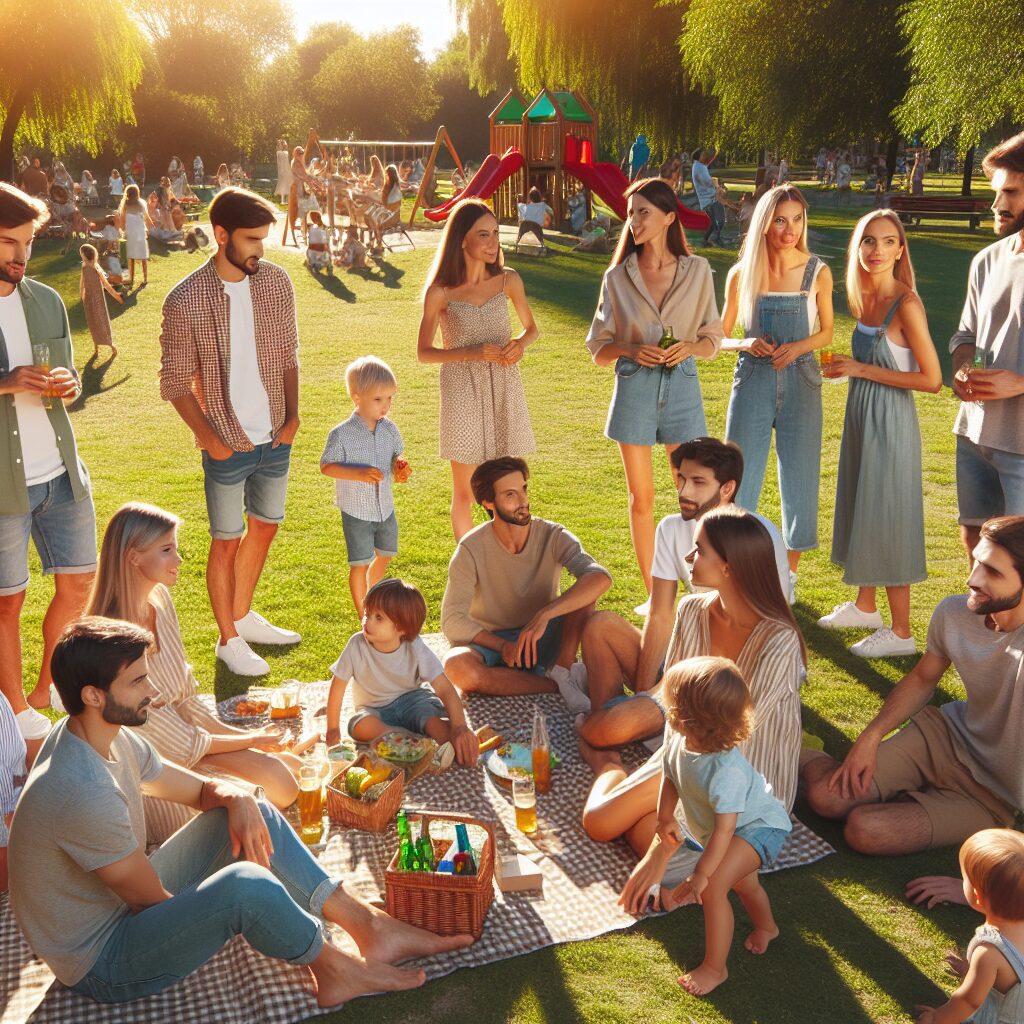 افسردگی در کودکان پس از مهاجرت: شناخت و راهکارها تصویری از والدین جوان سفیدپوست که با هم در یک پارک صحبت میکنند