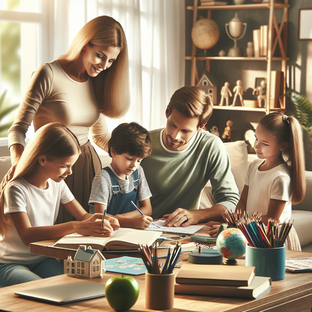 مراقبت از فرزندان پس از مهاجرت: چالش ها و راهکارها تصویری از یک خانواده جوان در حال مطالعه و گفتگو دربارهی پروژههای مدرسه در خانه.