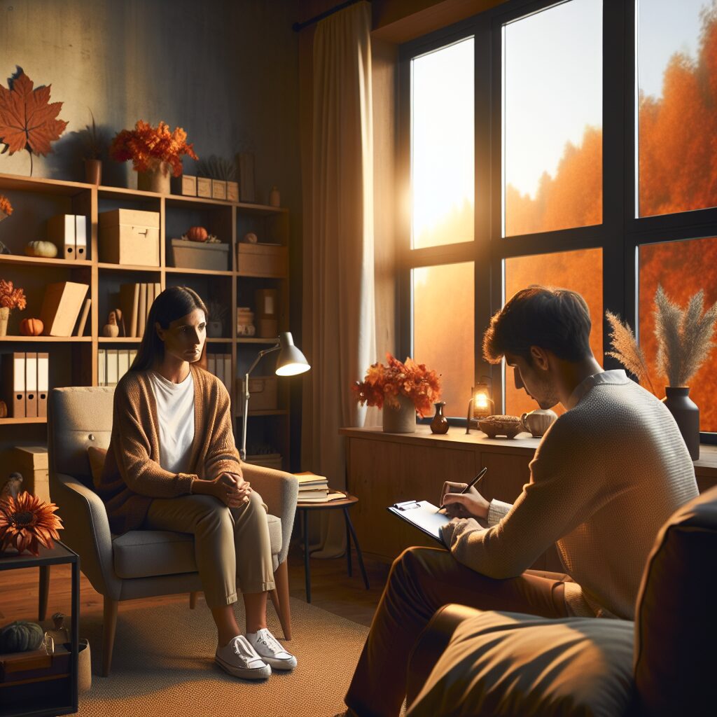 مقدمهای بر افسردگی فصلی: تعریف، اهمیت و شیوع تصویر درمانگر که در حال مصاحبه با فردی در فضای آرام بخش و فصلی است