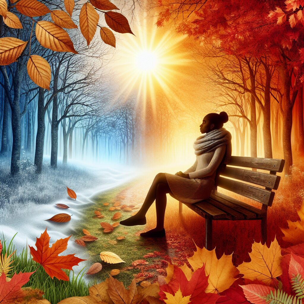 مقدمهای بر افسردگی فصلی: تعریف، اهمیت و شیوع تصویری آرامشبخش از یک منظره طبیعت در حال تغییر از تابستان به زمستان، با نور ملایم خورشید و برگهای رنگارنگ پاییزی