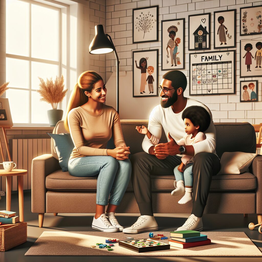 چالشها و راهکارهای تربیت فرزندان در آپارتمان تصویری که والدینی را نشان میدهد که در یک آپارتمان در حال تعامل مثبت با کودک خود هستند.