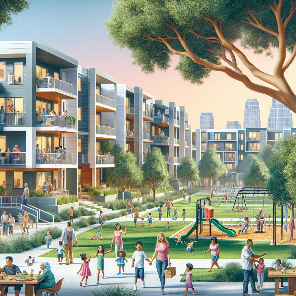 چالشها و راهکارهای تربیت فرزندان در آپارتمان تصویری از یک مجموعه آپارتمانی با خانوادههایی که با هم تعامل میکنند، در پارک در حال بازی هستند و فعالیتهای گروهی برنامهریزی میکنند، در حالیکه کودکان در حال بازی در فضای باز هستند.