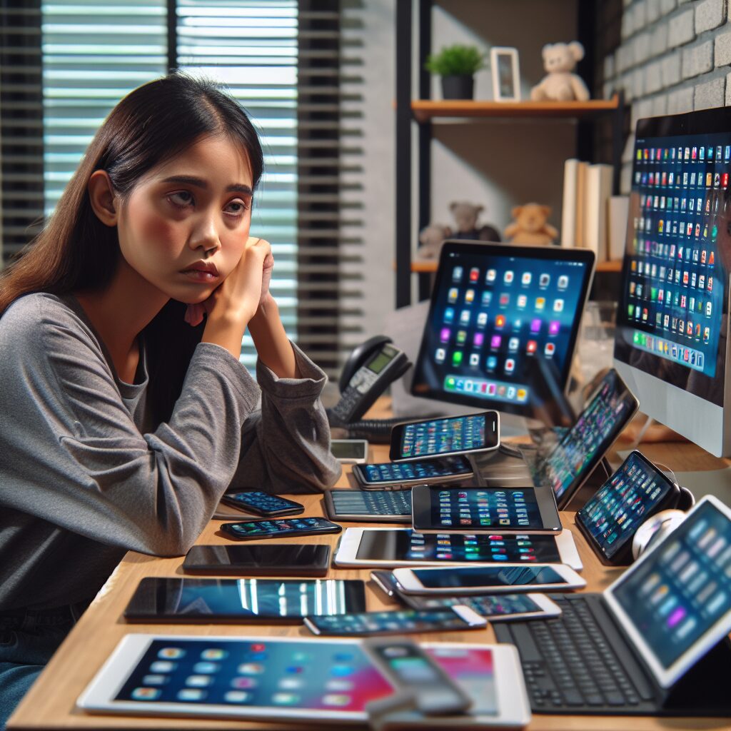 تحقیقات و مطالعات مرتبط با تکنولوژی و ADHD کودکی در حال استفاده طولانیمدت از تبلت، با انبوهی از تکنولوژیهای اطراف و نشانههایی از خستگی و بیحوصلگی