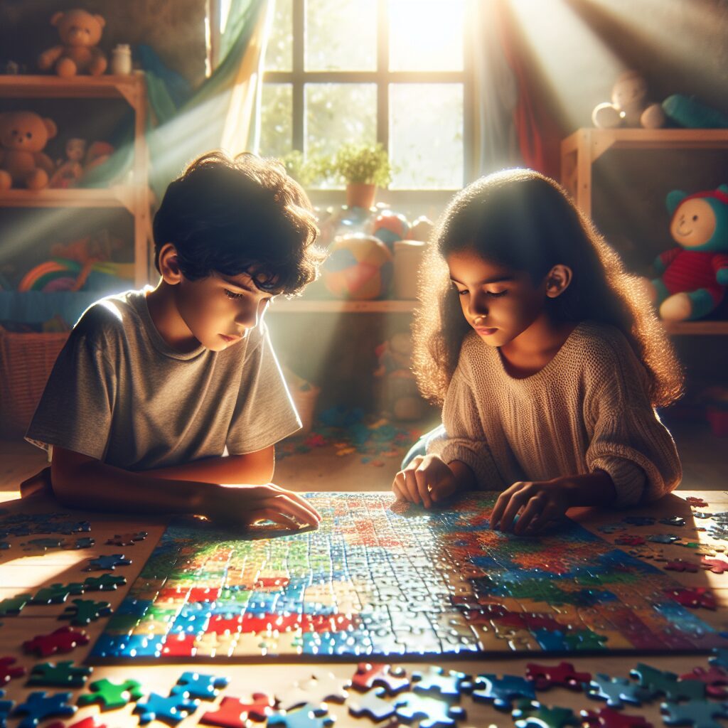 حمایت از خواهران و برادران کودکان مبتلا به اختلال نقص توجه بیش فعالی (ADHD): چالشها و راهکارها تصویری از یک برادر و خواهر در حال بازی با پازل در اتاق بازی با نور طبیعی.