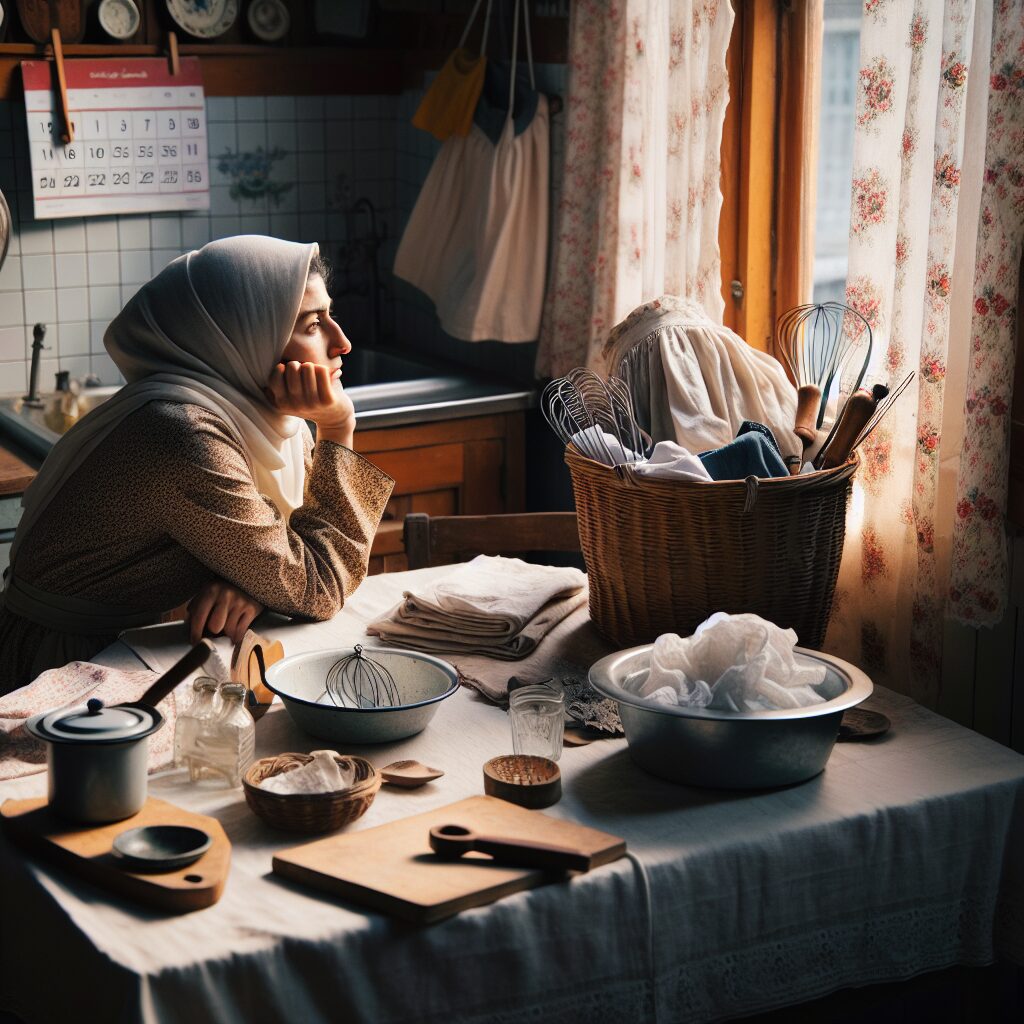 احساس بیهدفی زنان خانهدار: چالشها و راهکارها تصویری از زنی خانهدار که به تفکر در مورد انتظارات اجتماعی میپردازد