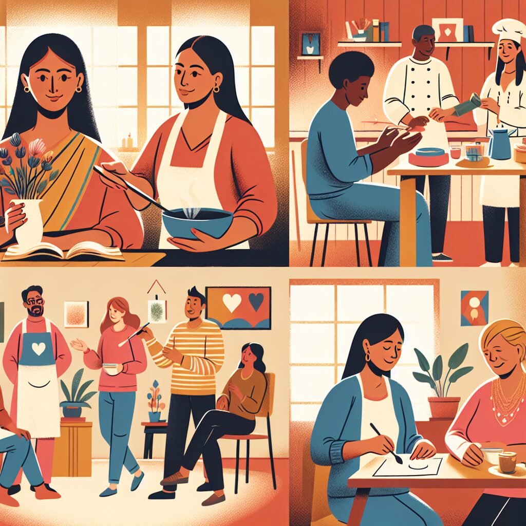 احساس بیهدفی زنان خانهدار: چالشها و راهکارها تصویر زن خانهدار در حال تعامل اجتماعی و یادگیری مهارتهای جدید