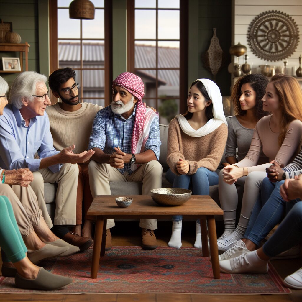 مدیریت تنشهای خانوادگی در همخانگی چند نسل تصویری از یک خانواده چند نسلی در حال تعامل در یک اتاق نشیمن