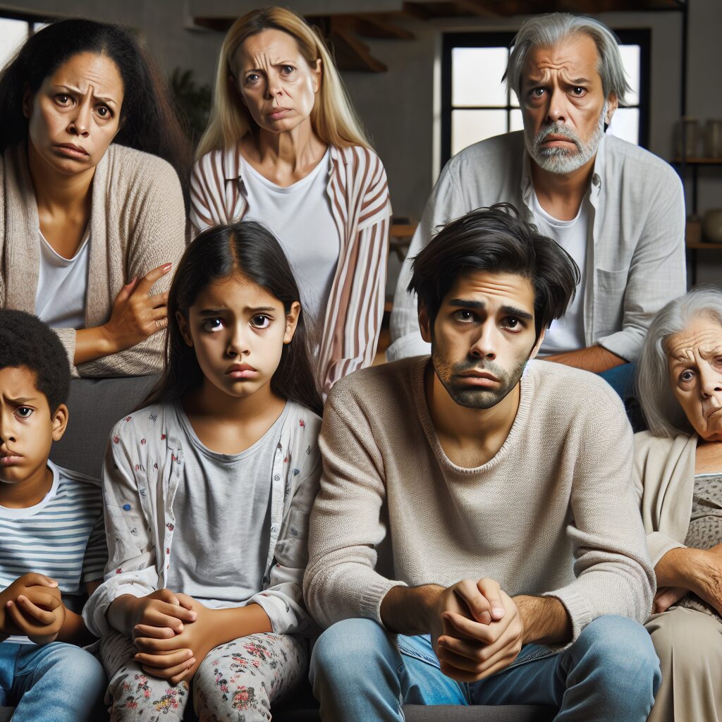 مدیریت تنشهای خانوادگی در همخانگی چند نسل تصویری از یک خانواده در خانه که هر یک از اعضا با احوالات روانی مختلفی رنج میبرند.