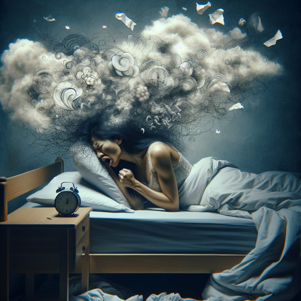 تأثیر ADHD و خواب بر کیفیت زندگی بزرگسالان تصویری از یک فرد که در تلاش برای خوابیدن در رختخواب با علائم بیقراری و فعال ذهنی است.