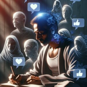 تصویری از فردی که بر روی یک دفترچه یادداشت مینویسد و در حال انجام تمرینات ذهنآگاهی است، با تصاویر خانواده و شبکههای اجتماعی در پسزمینه.