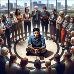 تصویری از یک گروه از افراد که به شکل تجمعی به فردی که مضطرب به نظر میرسد نگاه میکنند.