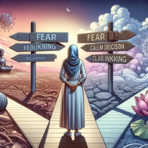 خلق تصویری از اثرات القای ترس بر تصمیمگیری، شامل فردی که با دو راهی تصمیمگیری مواجه است و تکنیکهای مدیریت استرس در تصویر نمایش داده شدهاند.