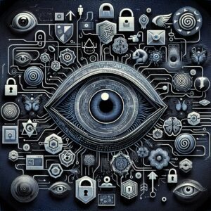 تصویری مفهومی از شبکه‌ها و عناصر دیجیتالی که از تکنیک‌های روان‌شناختی برای فریب استفاده می‌کنند.