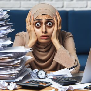 تصویری از یک فرد که به دلیل استرس و اضطراب ناشی از کمالگرایی فلج شده است، در حال لیتک بر روی یک صندلی نشسته، با دفتری روبهرو