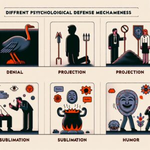 تصویری که مکانیزمهای دفاعی روانشناختی مختلف را از طریق نمادها و نمودارها توضیح میدهد.