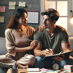 تصویری شامل زوجی در حال همکاری، صحبت و شرکت در فعالیت‌های مشترک برای مدیریت و تقویت رابطه با وجود ADHD