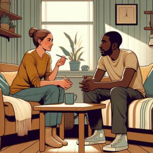 تصویری از یک زوج در حال گفتوگو با لبخندی و آرامش در یک محیط خانگی.