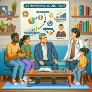 نمایشی از تأثیر اعتیاد رفتاری بر خانواده با اعضای خانواده که در حال گفتگو و یادگیری هستند.