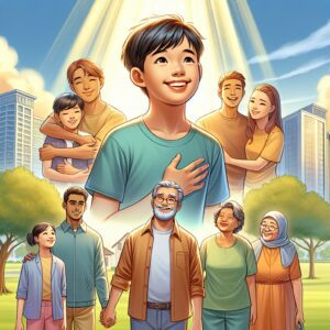 تصویری از یک کودک در کنار خانوادهای مهربان در فضایی آرام و طبیعتی زیبا.