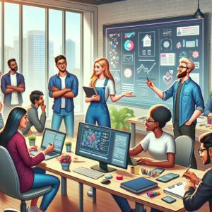 تصویری از یک محیط کاری ایرانی با تمرکز بر تعاملات مثبت و همکاری بین کارکنان