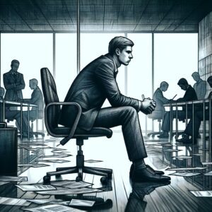تصویری از یک فرد نشسته بر روی صندلی، با حالت چهرهای نگران در یک دفتر کار خالی که نشاندهنده ترس از بیکاری است.