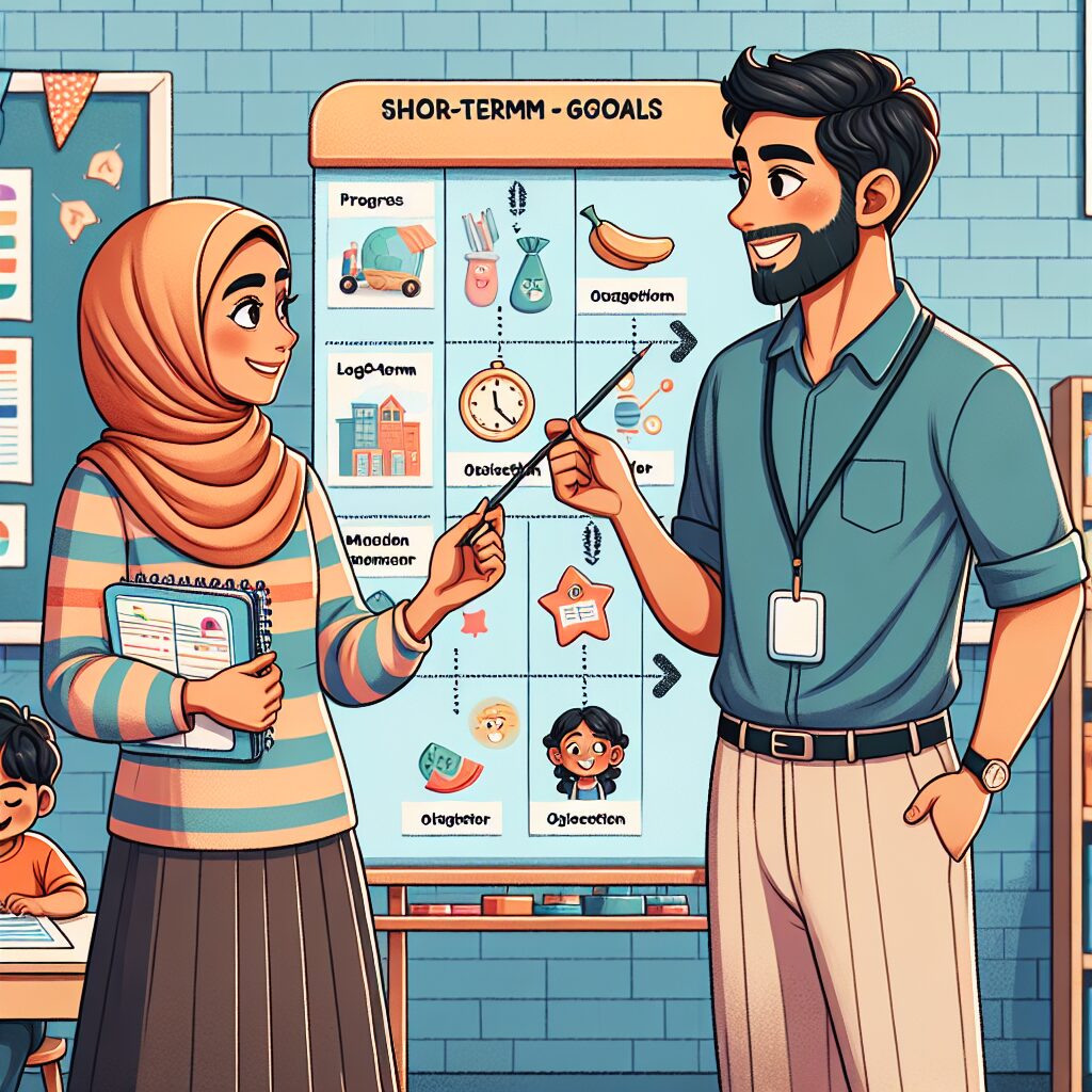اهمیت همکاری والدین و معلمان در حمایت از کودکان مبتلا به اختلال نقص توجه و بیشفعالی (ADHD) تصویر یک میز کلاس که معلم و والدین در حال بحث درباره اهداف و پیشرفتهای کودکی با ADHD هستند.