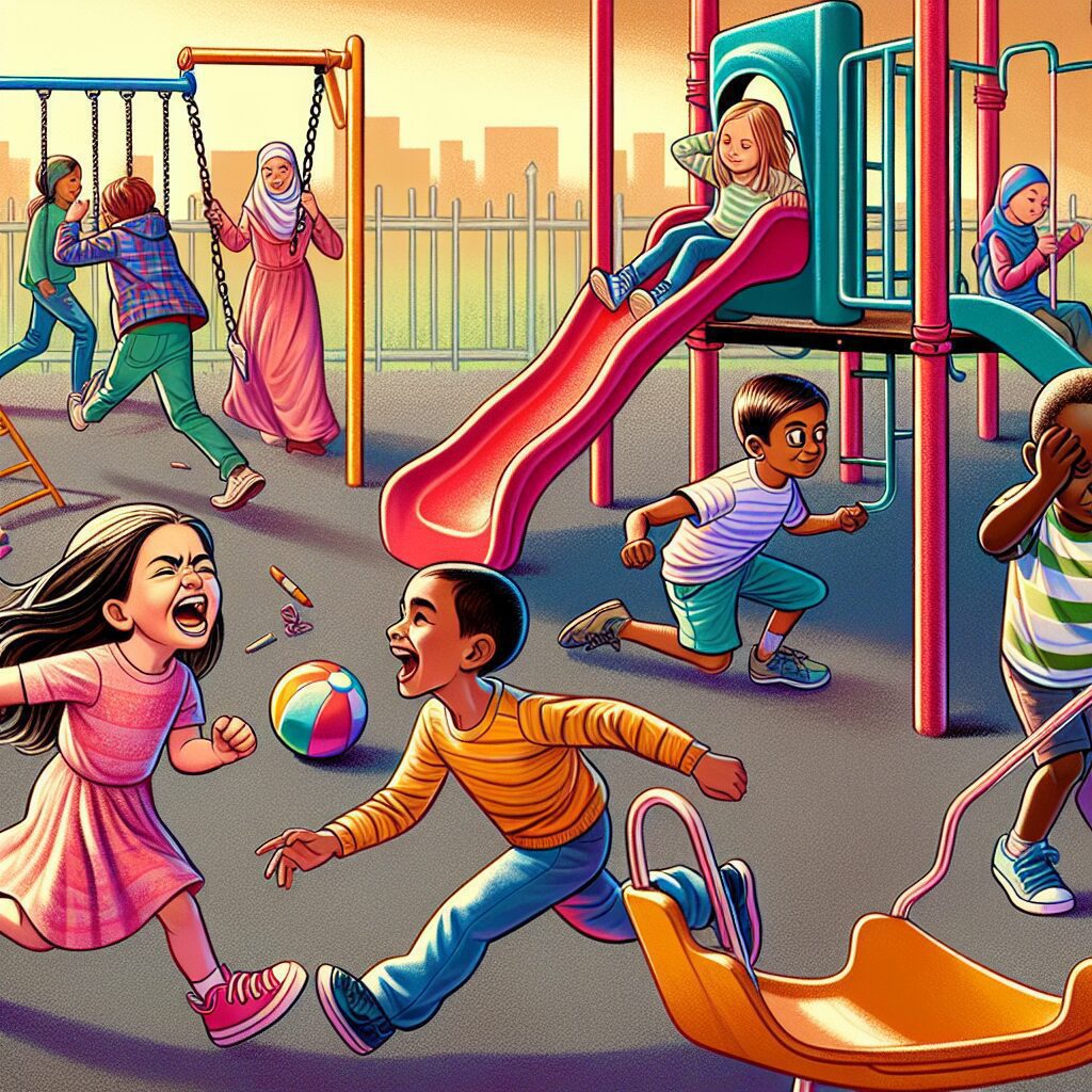 نقش والدین در تربیت کودکان مبتلا به اختلال نقص توجه و بیشفعالی (ADHD): اشتباهات و راهکارها تصویری از کودکان در حال بازی، برخی با علائم ADHD، مانند سطح بالایی از انرژی و دشواری در تمرکز.