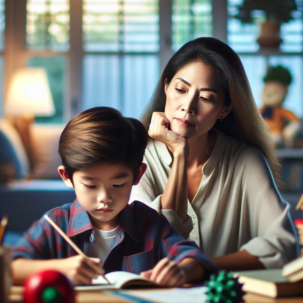 نقش والدین در تربیت کودکان مبتلا به اختلال نقص توجه و بیشفعالی (ADHD): اشتباهات و راهکارها تصویری از یک والد با حالت چهره ملایم و کودکی در حال تلاش که موفقیتهایش دیده میشود