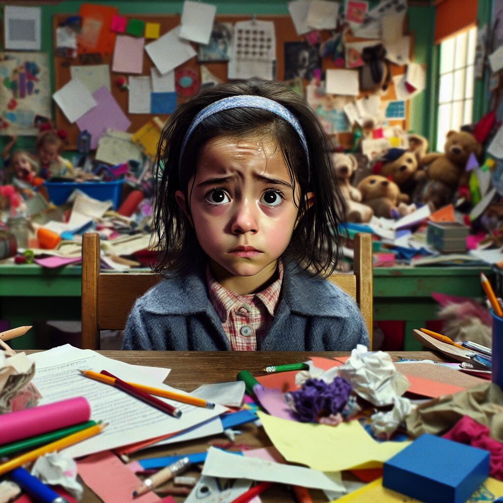 نقش والدین در تربیت کودکان مبتلا به اختلال نقص توجه و بیشفعالی (ADHD): اشتباهات و راهکارها نمایش بچهای تحت فشار از رفتارهای والدین با نشانههای افزایش استرس و اضطراب، همراه با احساسات پیچیده.