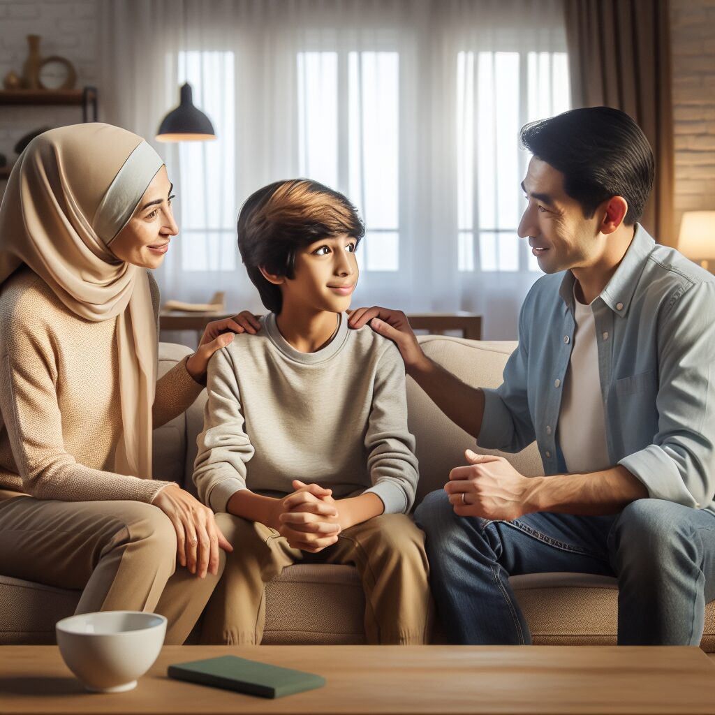 نقش حمایت اجتماعی در تقویت اعتماد به نفس در افراد مبتلا به اختلال نقص توجه و بیشفعالی (ADHD) تصویری از والدین که با محبت و توجه به کودک با علائم ADHD گوش میدهند در محیطی امن و قابل پیشبینی