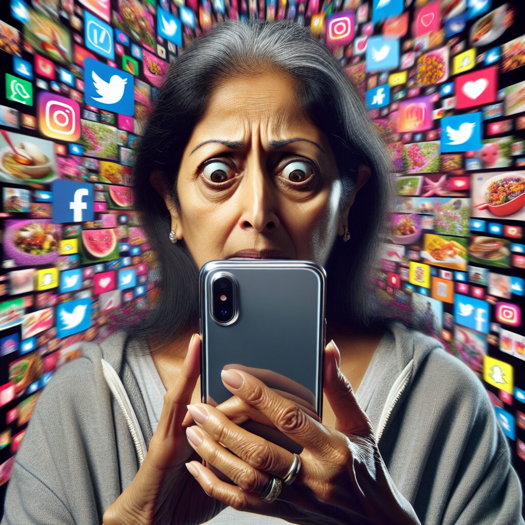 فومو (FOMO): تعریف و مدیریت آن این تصویر نشاندهنده فردی است که موبایل به دست دارد و صفحهای از شبکههای اجتماعی با تصاویر جذاب و نورانی را مشاهده میکند.