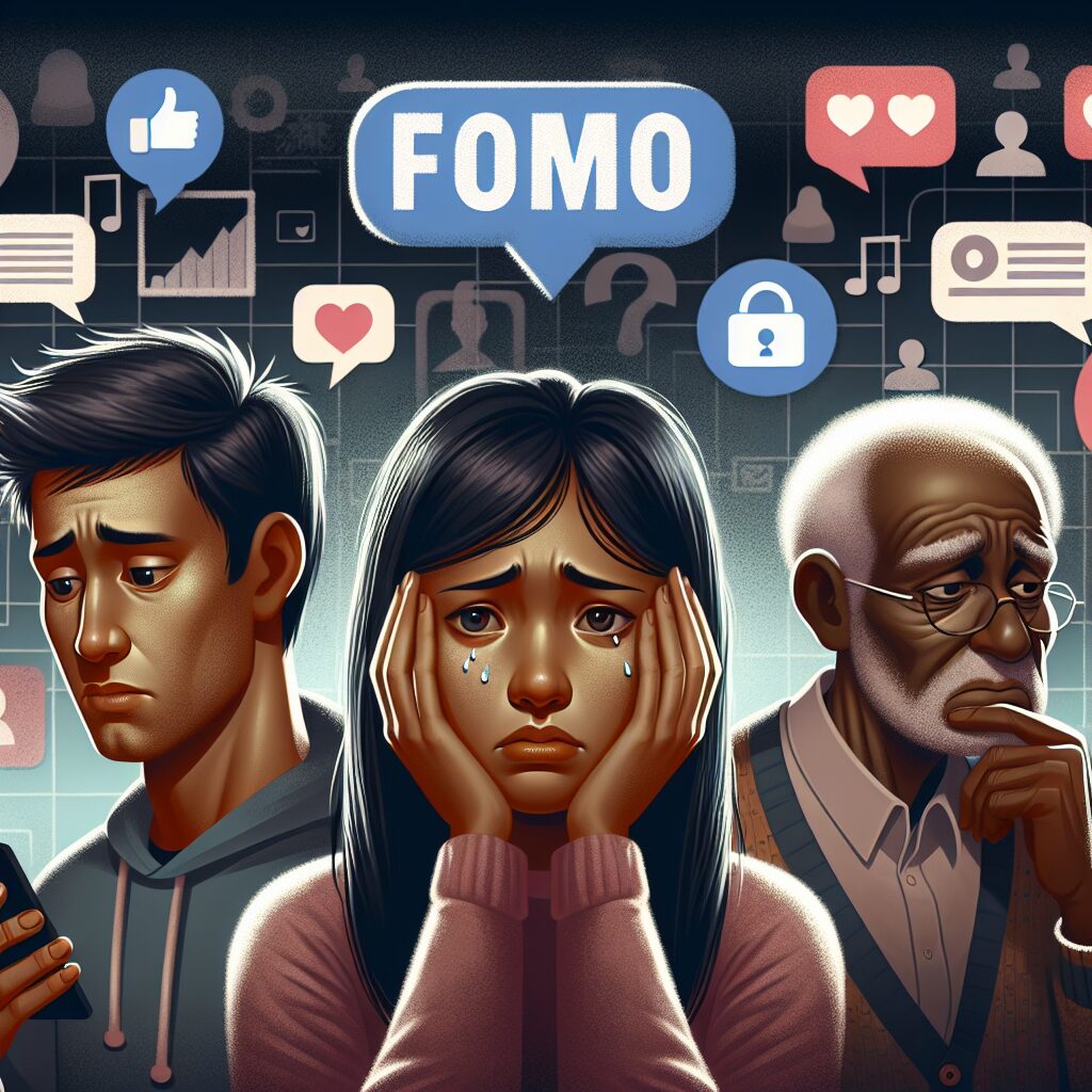 فومو (FOMO): تعریف و مدیریت آن تصویر سه فرد، هرکدام در حال تجربه اضطراب، کمبود اعتماد به نفس، و احساس انزوا به دلیل فومو