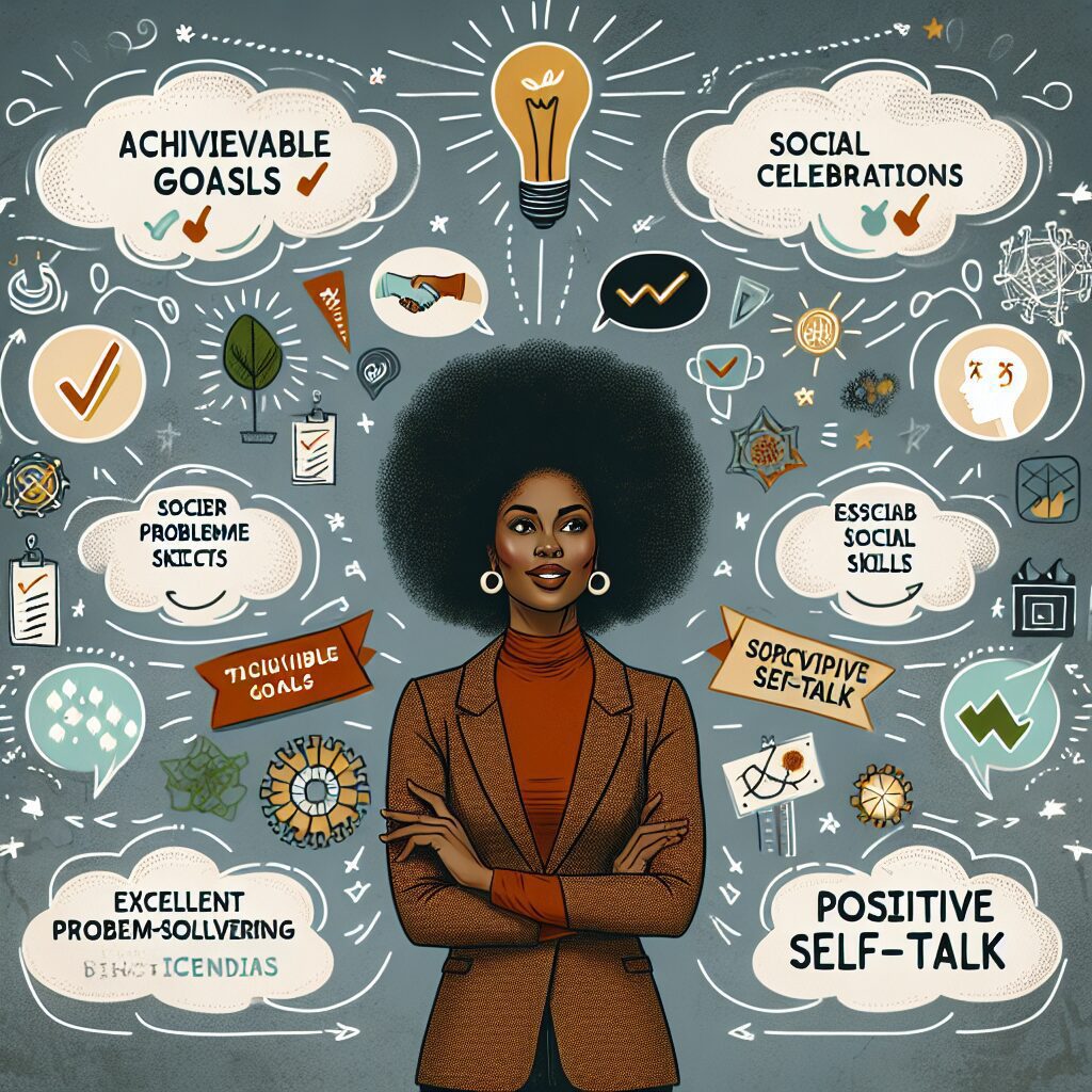 نقش حمایت اجتماعی در تقویت اعتماد به نفس در افراد مبتلا به اختلال نقص توجه و بیشفعالی (ADHD) تصویری پویا از یک شخص با اعتماد به نفس با نمادهایی از موفقیت، مهارتهای اجتماعی، و افکار مثبت