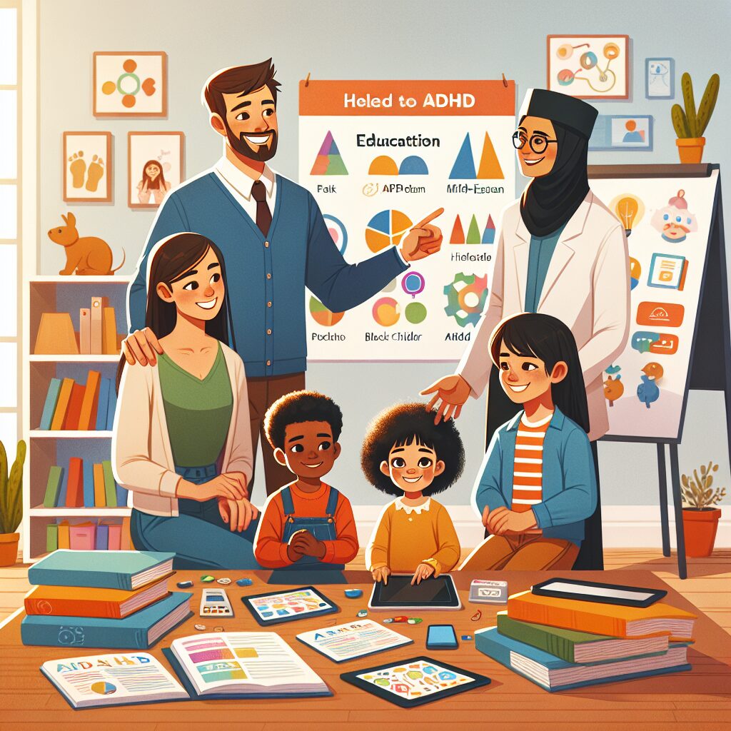 نقش حمایت اجتماعی در تقویت اعتماد به نفس در افراد مبتلا به اختلال نقص توجه و بیشفعالی (ADHD) تصویر آموزشی از والدین و کودکان با اطلاعات و ابزارهای آموزشی مربوط به ADHD