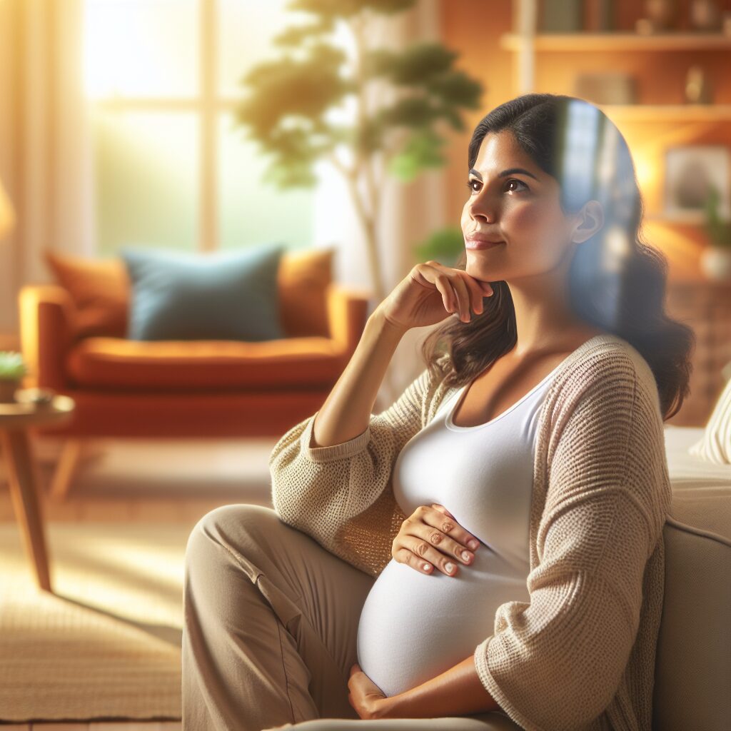 پیشگیری و مدیریت اضطراب بارداری تصویر یک زن باردار آرام و مطمئن که در یک محیط آرام در حال فکر کردن است