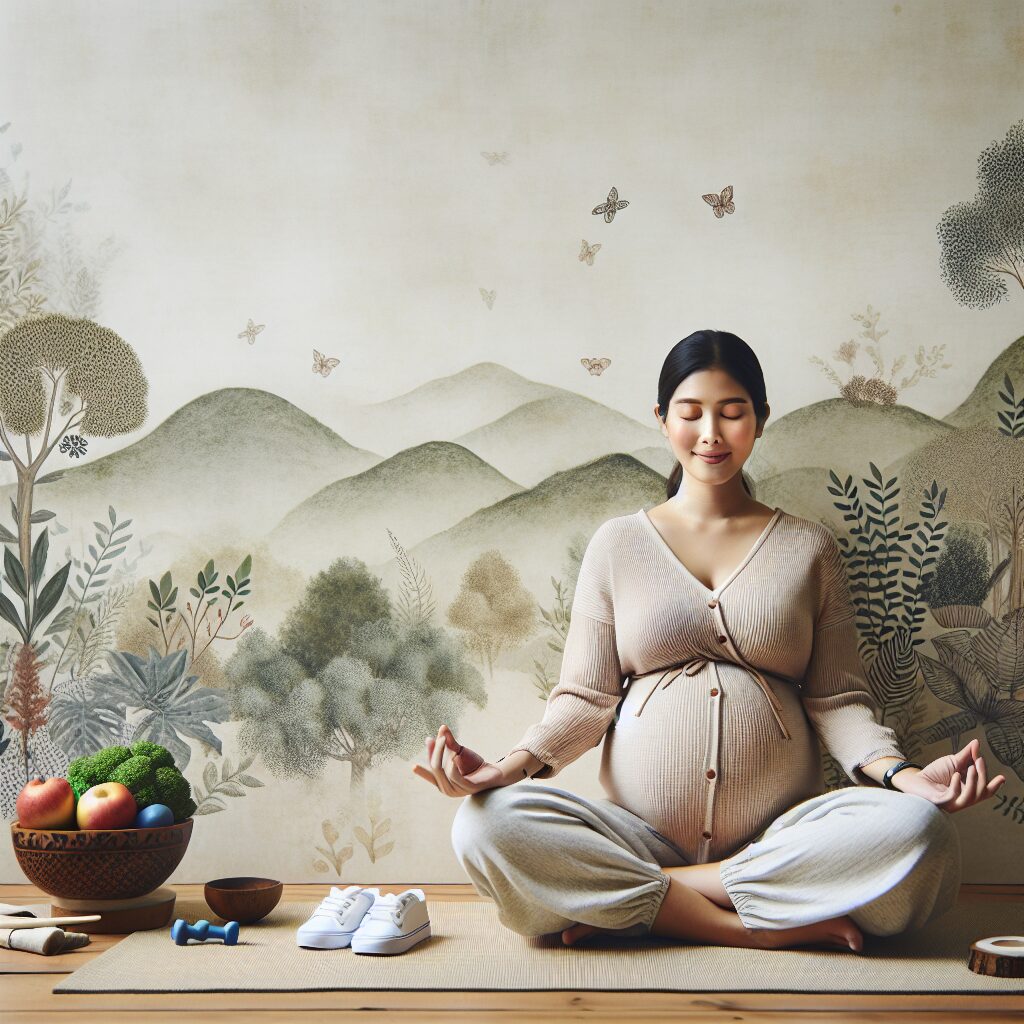 پیشگیری و مدیریت اضطراب بارداری تصویری از یک زن باردار در حال انجام مدیتیشن با پسزمینهای آرامشبخش