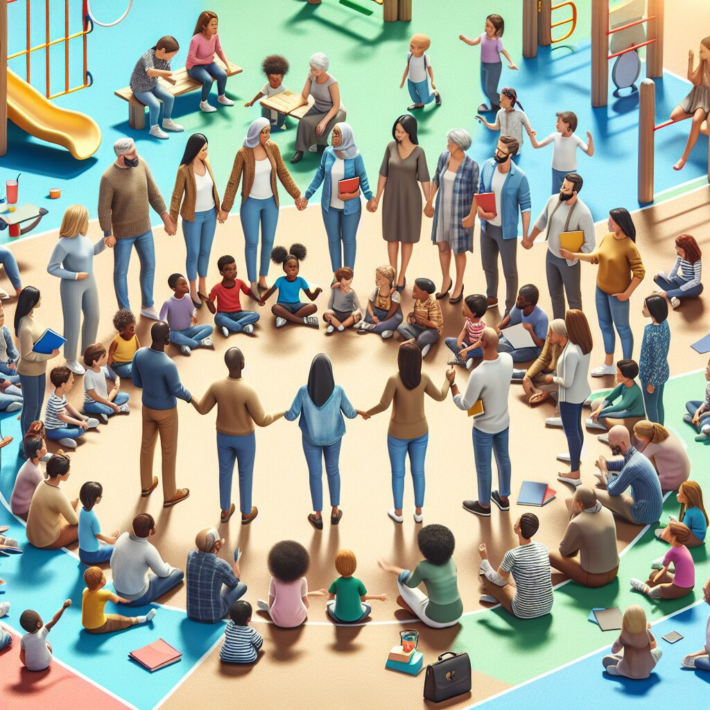 نقش حمایت اجتماعی در تقویت اعتماد به نفس در افراد مبتلا به اختلال نقص توجه و بیشفعالی (ADHD) یک گروه متنوع از والدین و معلمان که به صورت حلقهای در یک زمین بازی ایستاده و در حال صحبت و همکاری هستند.