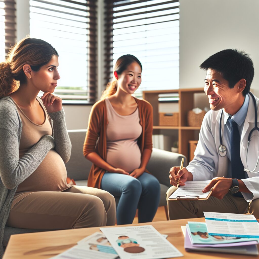 پیشگیری و مدیریت اضطراب بارداری تصویر زنی باردار همراه با روانشناس و متخصص زنان و زایمان