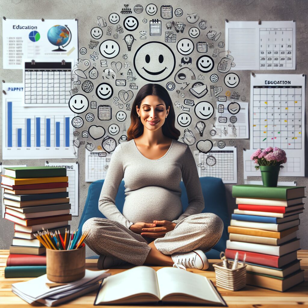پیشگیری و مدیریت اضطراب بارداری تصویری از یک زن باردار آرام با المانهای آموزشی و برنامهریزی