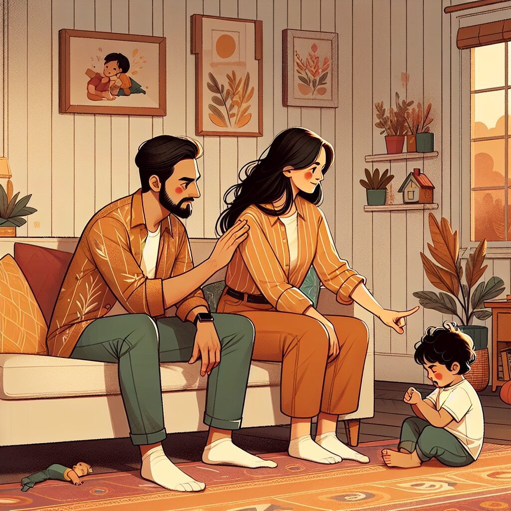 روشهای تربیت فرزندان بدون تنبیه تصویری از والدین که در حال آرامسازی کودک با استفاده از تکنیکهای تربیت بدون تنبیه هستند.