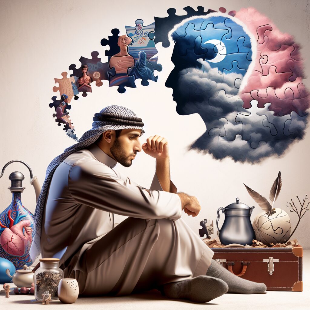 راهکارهای عملی برای ابراز عشق و غلبه بر شرم آن تصویری از فردی که در حال فکر کردن به ابراز عشق است، با نمادهای تجربیات گذشته، فرهنگ و تربیت، و ترس از رد شدن و قضاوت در اطراف او.