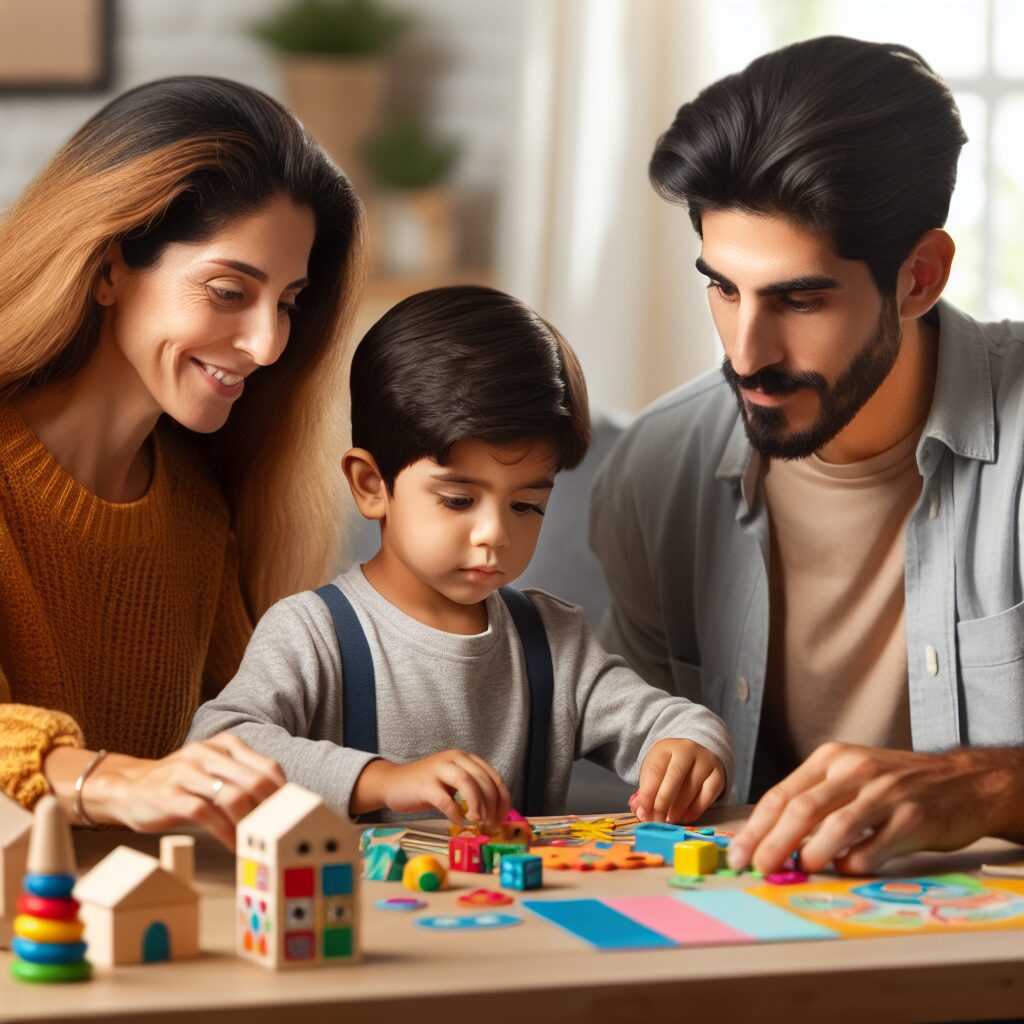 مدیریت حسادت خواهر و برادرها در خانواده یک کودک در حال یادگیری مهارتهای حل مسئله با خانواده در پسزمینه که با همکاری و تعامل مشغولاند