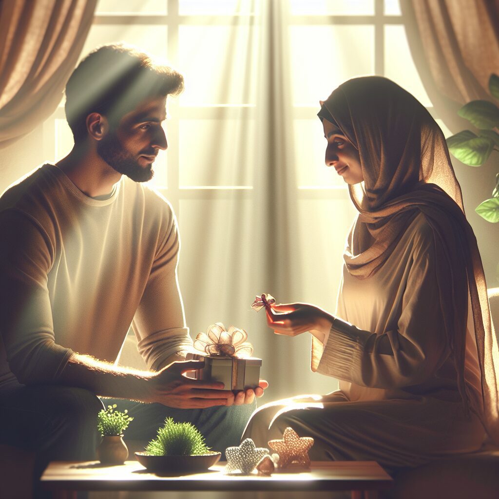 راهکارهای عملی برای ابراز عشق و غلبه بر شرم آن تصویری از یک زوج در حال گفتگوی صمیمانه و تبادل هدایای کوچک در محیطی گرم و دوستانه