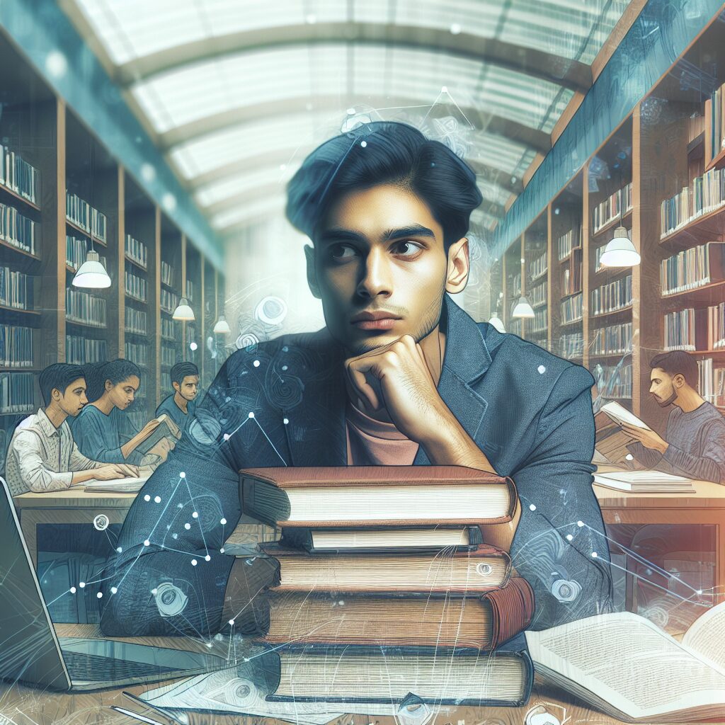 سندروم دانشجوی همیشگی یک دانشجو با کتاب ها و لپ تاپ در کتابخانه با چهره ای آرام و در عین حال مضطرب.