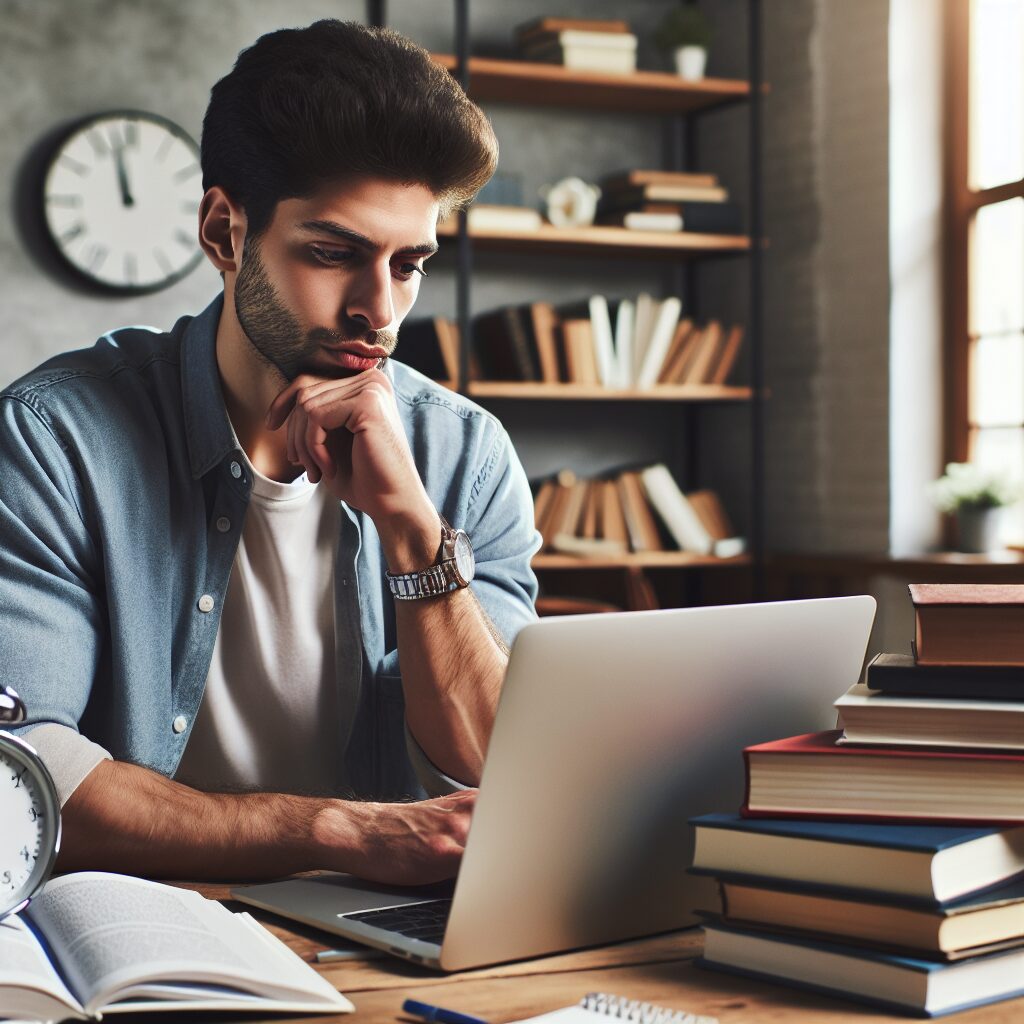 سندروم دانشجوی همیشگی تصویر مردی پشت لپتاپ با دفترچه یادداشت و قوۀ فکری روشن