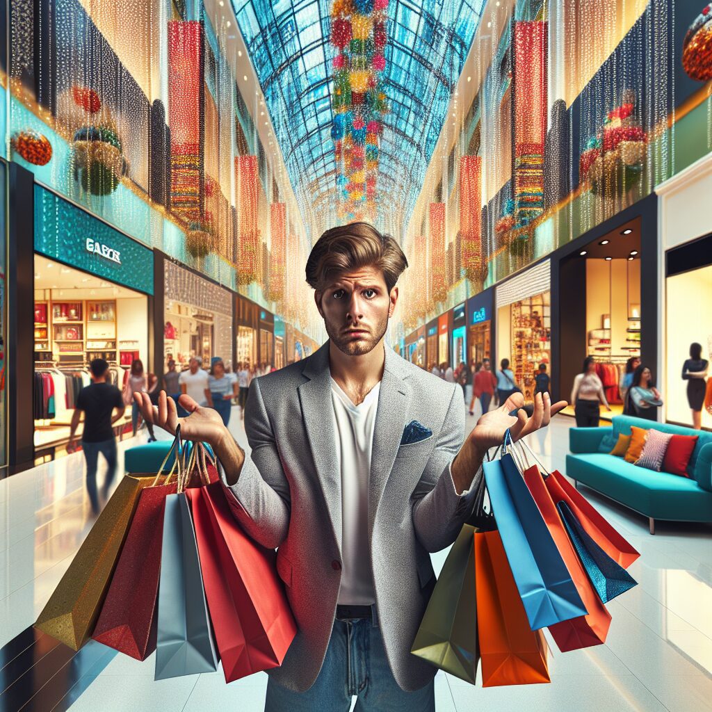 اعتیاد به خرید تصویری از فردی در یک مراکز خرید با کیسههای فراوان، با حالتی گیج و پریشان